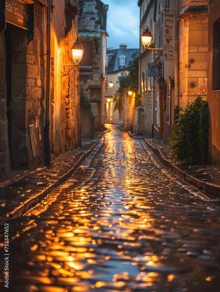 Rain-soaked cobblestone street in an old town, AI Generative