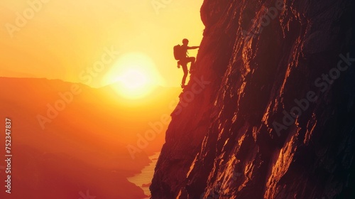 Solo climber ascending a steep cliff at dawn, the first light of day illuminating his path. This image captures the essence of personal growth and the pursuit of life goals, AI Generative
