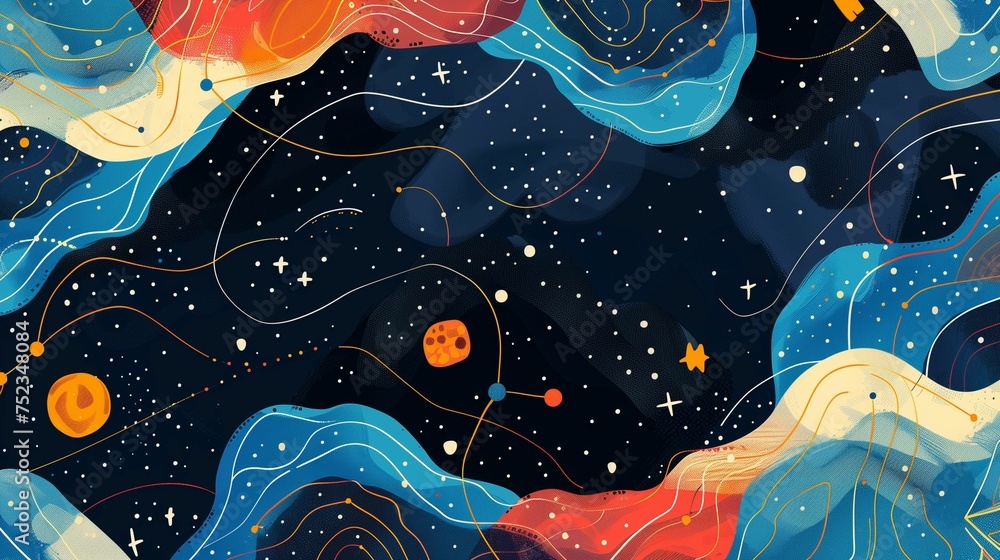 Fototapeta premium Galactic Swirls: Wavy Cosmic Nebula with Planetary Orbits, Background