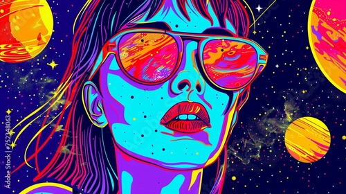 Retrofuturistic Pop Art: Colorful Galactic Woman Portrait