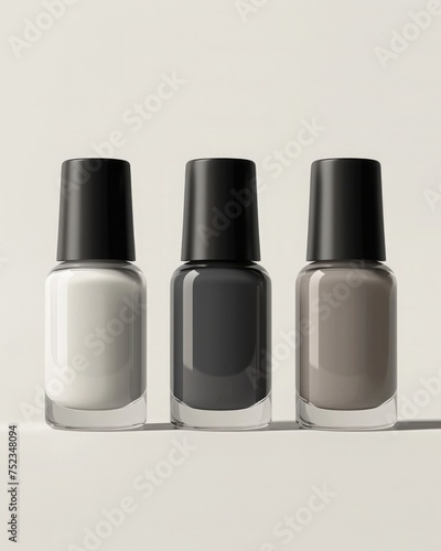 A minimalist composition with bottles of nail polish in chic neutral tones on a clean white background. Monochrome gray shade