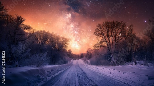 The serene path of a road cutting through a white, snowy landscape, AI Generative