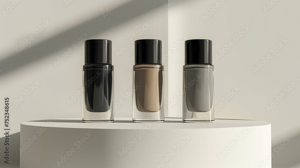 A minimalist composition with bottles of nail polish in chic neutral tones on a clean white background. Monochrome gray shade A minimalist composition with bottles of nail polish in chic neutral tones on a clean white background. Monochrome gray shade