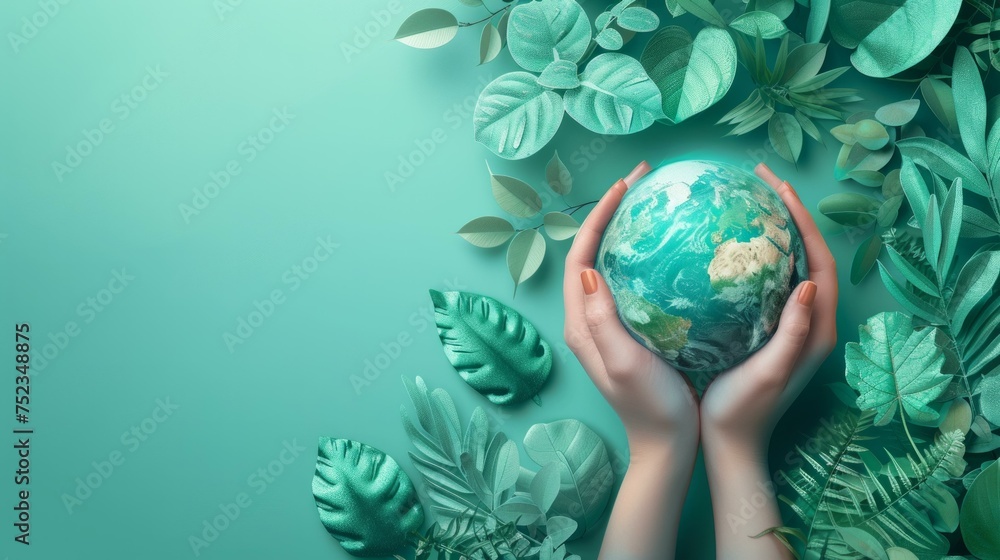 World Environment Day. Earth globe in woman's hands on a blue background, top view. Saving the planet , AI Generative World Environment Day. Earth globe in woman's hands on a blue background, top view. Saving the planet , AI Generative