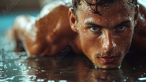 Close-up portrait of a wet, handsome man with an intense, captivating gaze and water droplets on his skin.