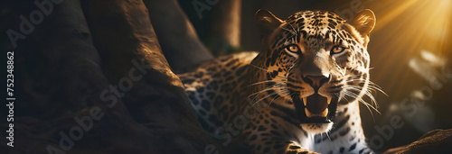 leopard sitting roaring in the jungle, straight face jaguar, leopard rests be side a tree in wild, applicable for background, wallpaper, banner
