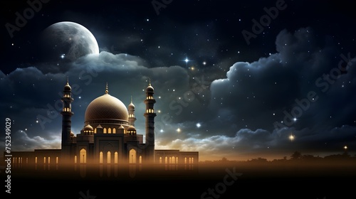 Night landscape with mosque and moon. Ramadan Kareem background © Canities