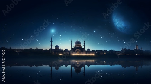 Night landscape with mosque and moon. Ramadan Kareem background