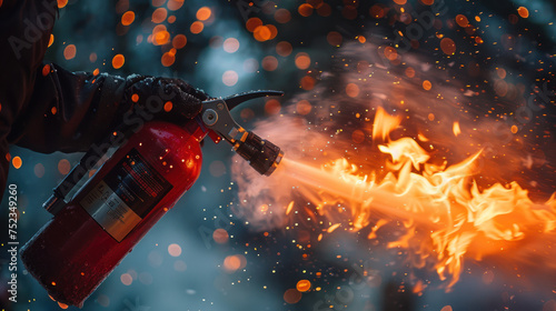 man using fire extinguisher fighting fire closeup