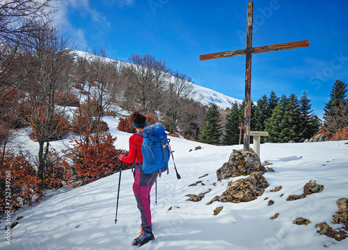 Mount Cantari (Frosinone, Italy) - In the Monti Simbruini mountain range with Monte Viglio, one of hightest peaks in Lazio region, here in winter with snow and alpinist.