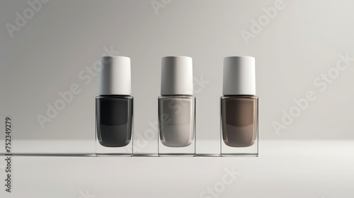 A minimalist composition with bottles of nail polish in chic neutral tones on a clean white background. Monochrome gray shade © Татьяна Креминская