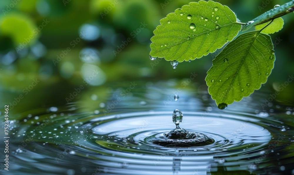 Close-up of a green leaf with rain droplets against a serene water background, capturing the tranquil essence of nature after rainfall. Close-up of a green leaf with rain droplets against a serene water background, capturing the tranquil essence of nature after rainfall.