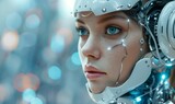Head-shot of beautiful woman robot with on futuristic background. Artificial intelligence, people and technology concept