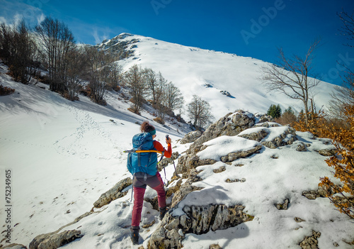 Mount Cantari (Frosinone, Italy) - In the Monti Simbruini mountain range with Monte Viglio, one of hightest peaks in Lazio region, here in winter with snow and alpinist.