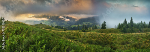 Foggy morning in the mountains. Summer dawn in the Carpathians. Nature of Ukraine