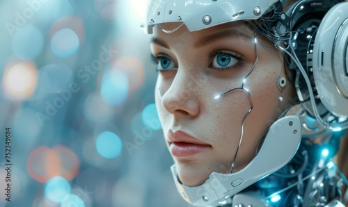 Head-shot of beautiful woman robot with on futuristic background. Artificial intelligence, people and technology concept © khwanchai