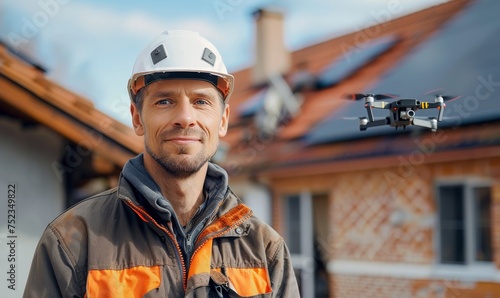 Professional man using a drone on sky over house to measure and inspect roof