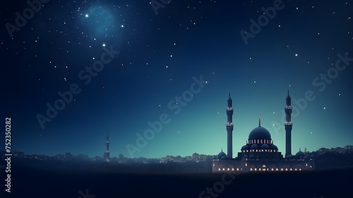 Ramadan kareem celebration illustration template with night landscape with mosque and moon