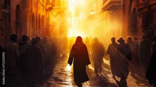 Jesus Christ silhouette leading a procession of faith through a historic city. © furyon