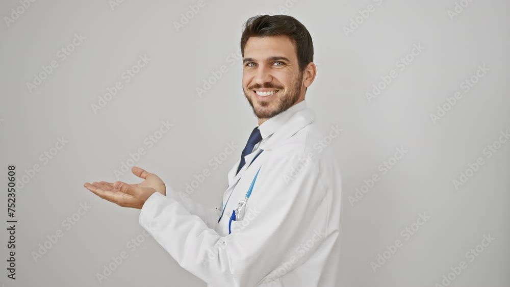 Cheerful young hispanic guy, a bearded doctor wearing a stethoscope, happily gesturing to copy space aside, presenting an excited ad on an isolated white wall, smiles encouraging welcome. Cheerful young hispanic guy, a bearded doctor wearing a stethoscope, happily gesturing to copy space aside, presenting an excited ad on an isolated white wall, smiles encouraging welcome.