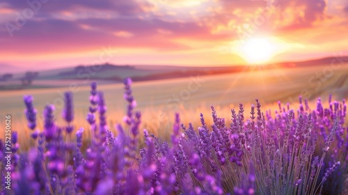 Lavender field and harvest wheat  countryside serenity theme  peaceful rural landscape  warm golden fields  tranquil country living  soft pastel sunsets  relaxing pastoral life  gentle nature beauty
