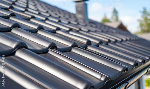 Durable Modern Metal Roof Tiles Close-up Against Blue Sky