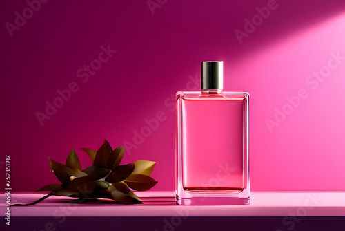 bottle of perfume on pink background