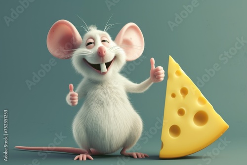 A cartoon mouse holds a slice of cheese on a blue background. 3d illustration