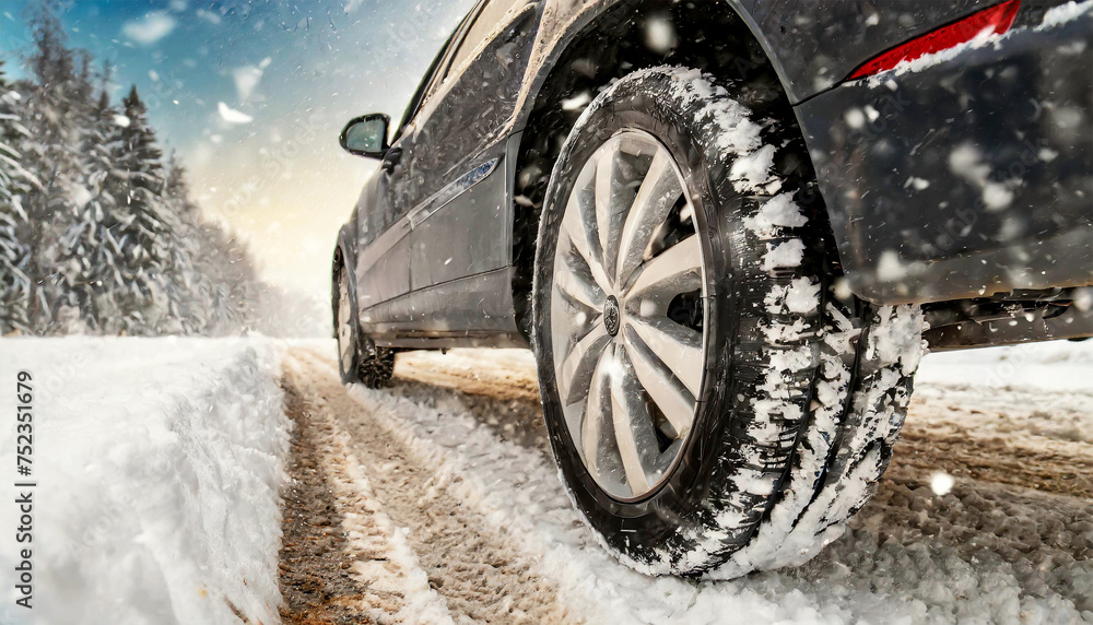 Naklejka premium Side and bottom view of the close-up of a car with winter tires on a snowy and icy road while it is snowing. Generative Ai.