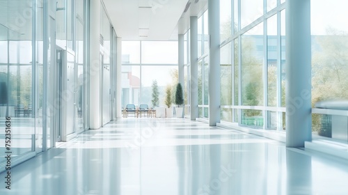 Soft Illuminated Office Interior: Blurred Hall with Panoramic Windows, Canon RF 50mm f/1.2L USM Perspective