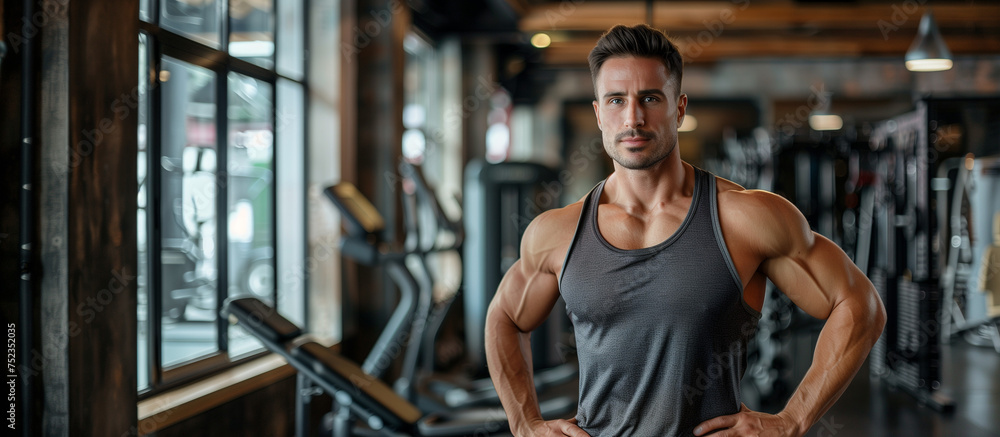 Healthy man with a friendly smile stands ready for a workout in a large gym Healthy man with a friendly smile stands ready for a workout in a large gym