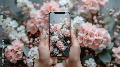 Mobile phone and spring flower pink peonies on the pink background. Theme of love, mother's day, women's day flat lay. © haizah