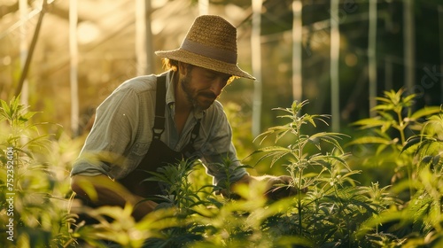 Farmer checking cannabis plants in a greenhouse for extraction of medical cannabis products. Herbal alternative medicine concept.