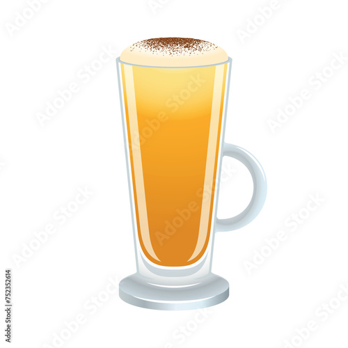Turmeric latte with froth milk vector illustration. Golden turmeric latte icon vector isolated on a white background. Golden milk in a tall glass with a handle graphic design element photo