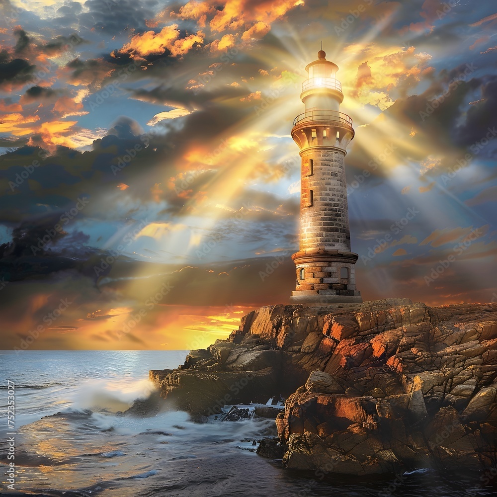 Dramatic sunset over a coastal lighthouse - A breathtaking image capturing the warm glow of a sunset sky as it illuminates a steadfast lighthouse perched on rugged cliffs above crashing waves