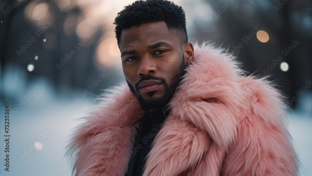 Handsome black man with model hair, pink fur coat with long faux fur Handsome black man with model hair, pink fur coat with long faux fur