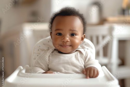 Little baby sitting in a high chair for feeding in the kitchen ready to eat photo