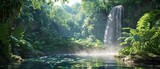 Sunlit tropical waterfall amidst lush, serene greenery