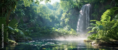 Sunlit tropical waterfall amidst lush, serene greenery