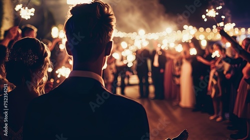 Elegant Wedding Couple with Sparklers at Reception
