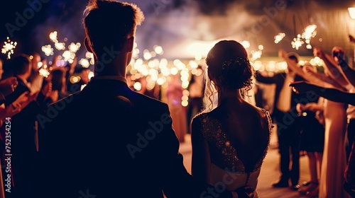 A newlywed couple faces a joyful crowd holding sparklers at their night-time wedding reception, creating a festive atmosphere. 