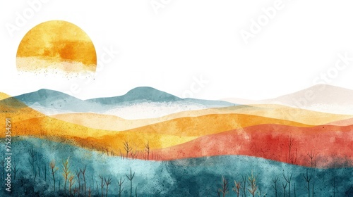 Sun setting over vibrant, layered hills creating a serene landscape. Watercolor landscape with mountains and sun. photo
