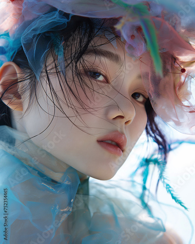 Portrait of beautiful asian women with organza dress. blue background