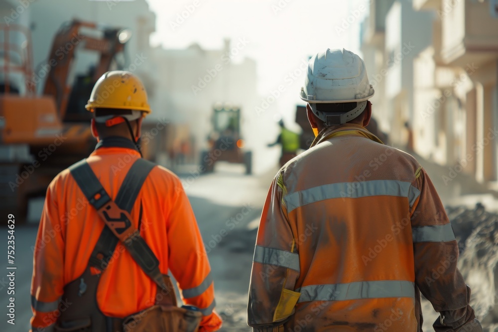 Two construction workers in reflective gear against an urban construction site backdrop, depicting teamwork and industry.
Two construction workers in reflective gear against an urban construction site backdrop, depicting teamwork and industry.