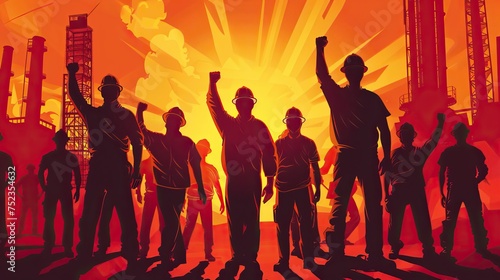 silhouettes of working people in hard hats with their hands raised against the background of a factory, for Workers Day photo