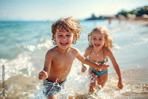 happy children playing on the beach, cute siblings playing while on summer vacation © Kien