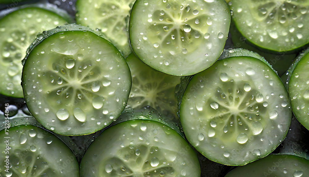 Fresh green cucumber slices with water drops. Organic and tasty vegetable. Natural farm product. Fresh green cucumber slices with water drops. Organic and tasty vegetable. Natural farm product.