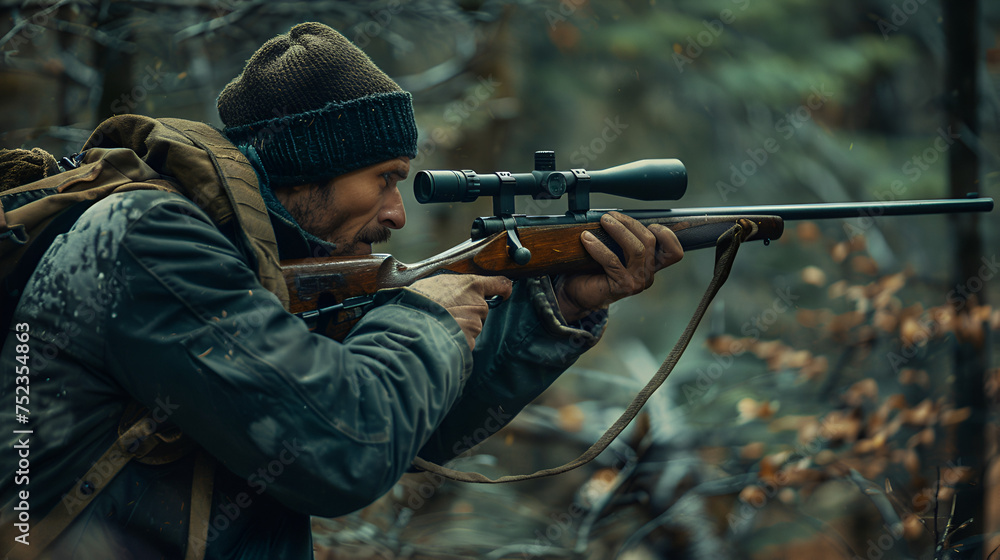 Fototapeta premium A side on photo of a man aiming an old hunting rifle in the woods. Wearing hiking gear