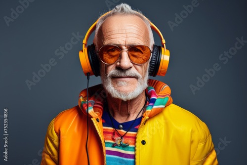Stylish man with white beard and headphones on dark background © happy_finch