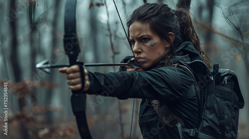 A side on photo of a woman in black tactical gear aiming a bow in the woods. Wearing hiking gear